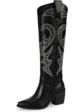 Women's Black Western Cowgirl Boots Zipper Convenience Comfort Fashion Tall Boot